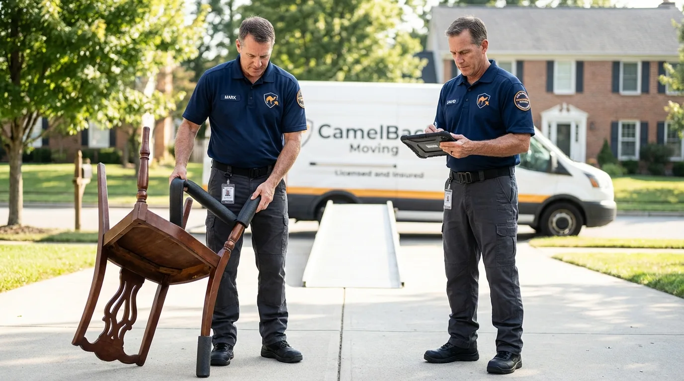 Movers inspecting furniture for damage prevention before loading in Rockton, IL