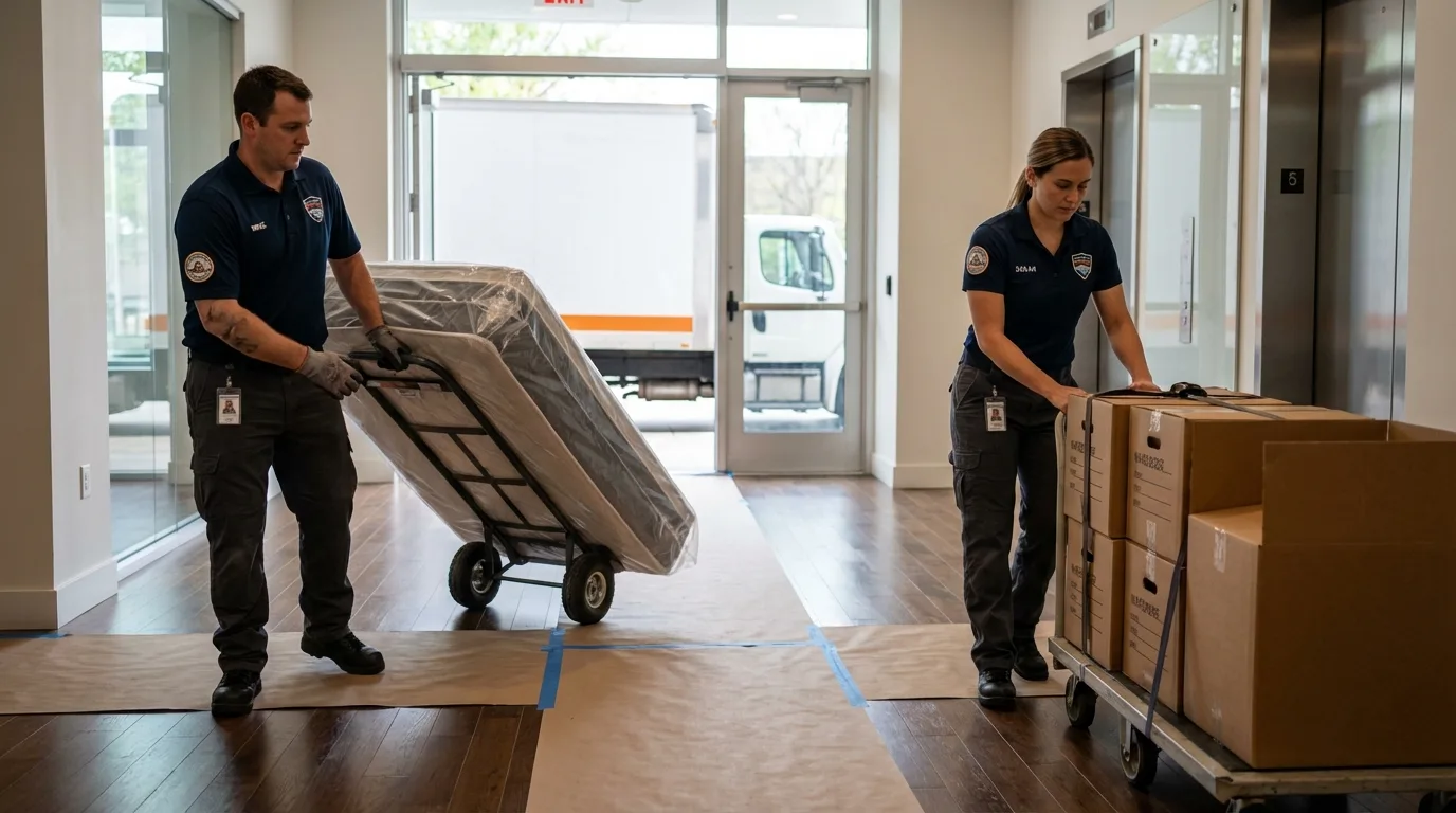 Professional apartment movers loading elevator in Rockton, IL